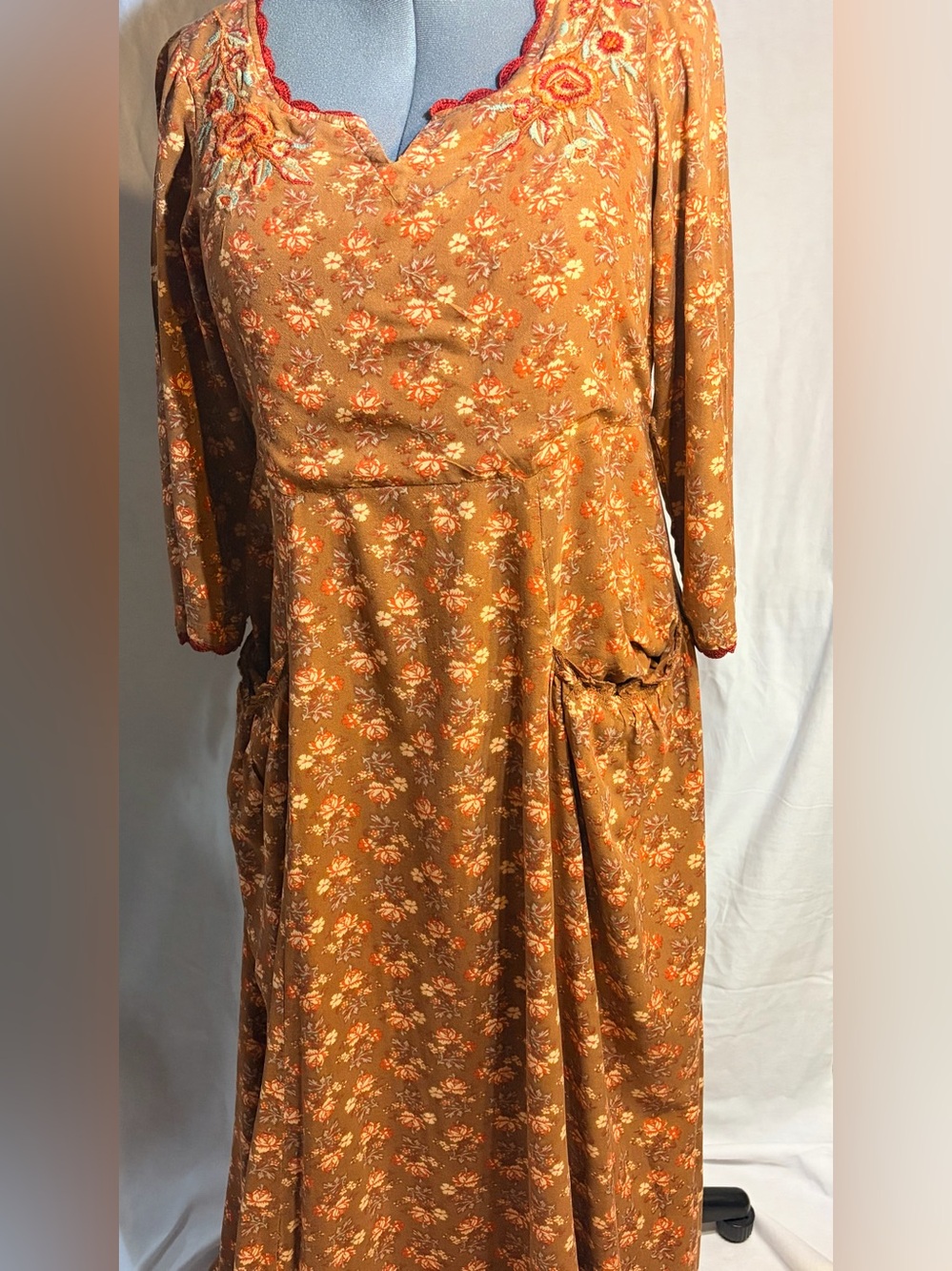 April Cornell Vintage Cottagecore Floral Long Dress Rust Brown Orange